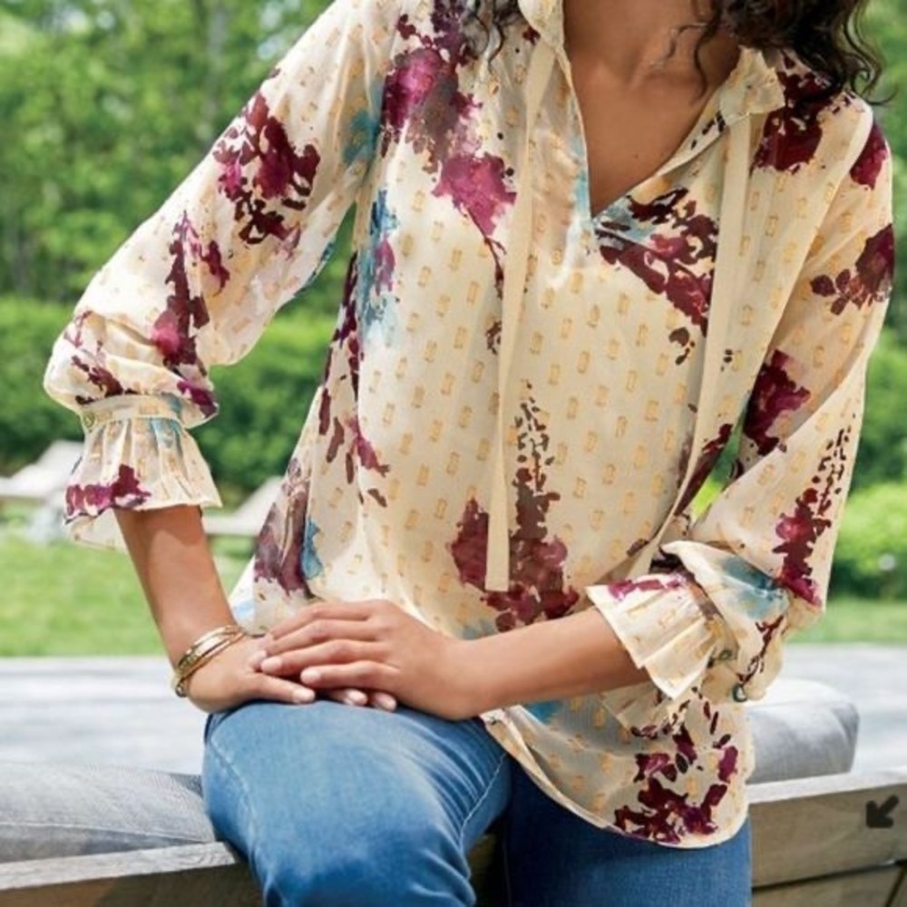 Soft Surroundings Primrose Floral Top XS Sheer Ruffle Boho Fairy Whimsy Cottage